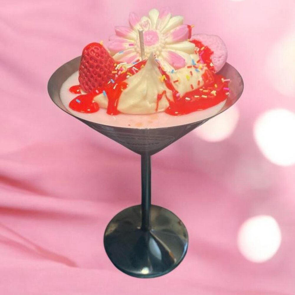Handmade - Strawberry Martini Candle crafted in a Stainless Steel Martini Glass